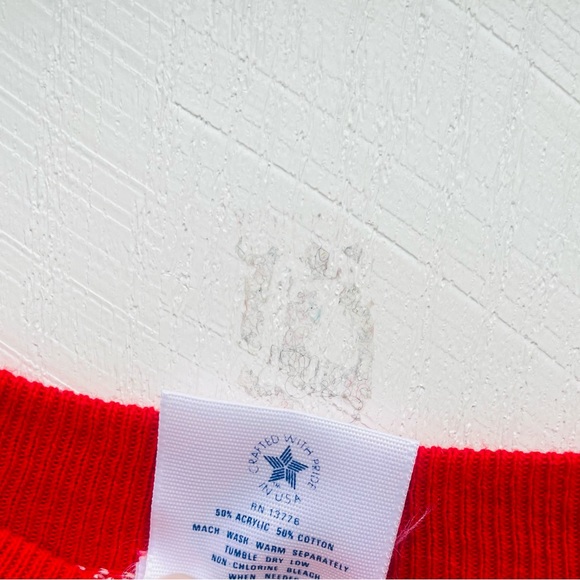 VTG 80s Red Ornamental Holiday Sweatshirt Dress w/Green gold plaid ruffle bottom - Picture 10 of 12